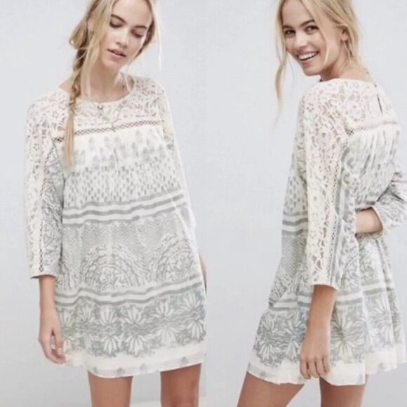 🌹 FREE PEOPLE 🌹 Sun Daze Lace Detail Minidress - [Large, Ivory/Green] - Picture 1 of 15